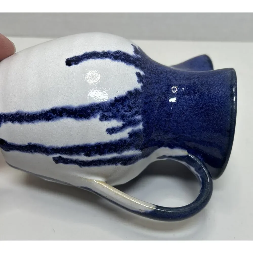 Vtg Holly Hill Pottery Seagrove NC Cream Pitcher Blue Drip Glaze Over White ARB